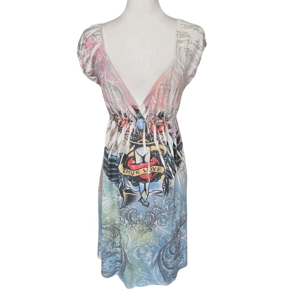 Y2K Vtg Tattoo Floral Heart Press Apparel Sundress Cap Sleeve Midi Dress Sz S